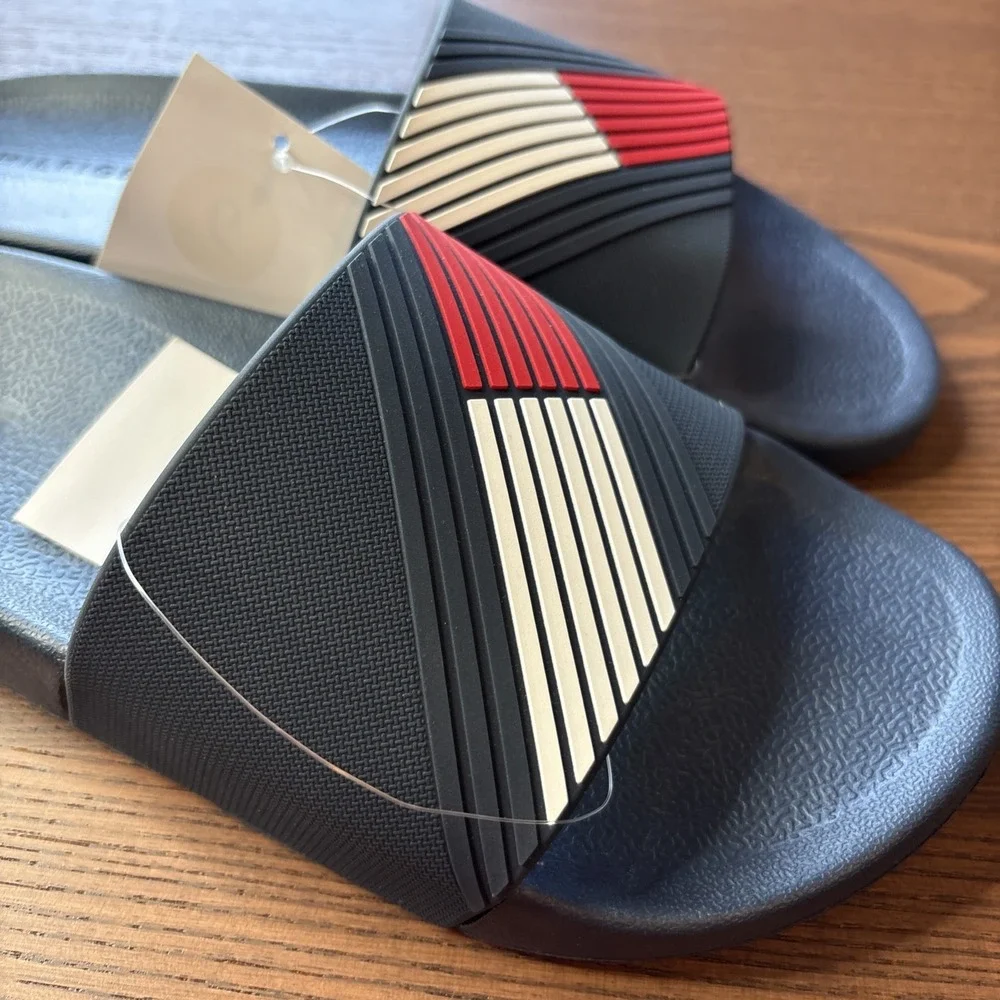 Tommy Hilfiger Slides Mens 9 Sandals Flag Logo Navy Blue White Red NEW
